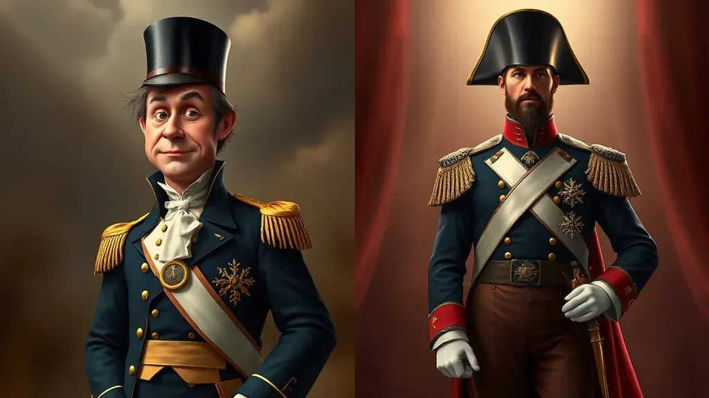 Comparativa visual entre la caricatura satírica de un Napoleón pequeño y una representación realista y alta del emperador francés.