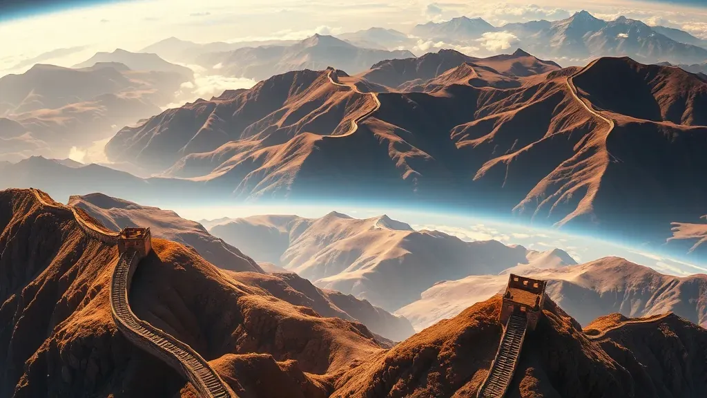 Vista aérea de la Gran Muralla China serpenteando entre montañas color tierra, demostrando cómo su color se mimetiza con el entorno, dificultando su visión desde el espacio.