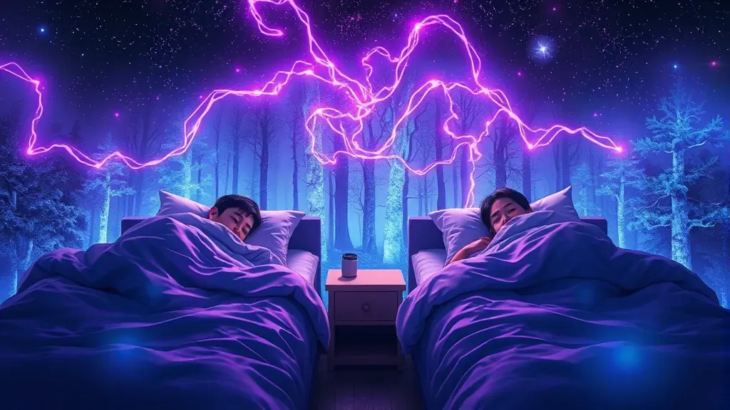 Ilustración surrealista de dos personas durmiendo conectadas por hilos de energía luminosa que forman un paisaje de ensueño compartido.