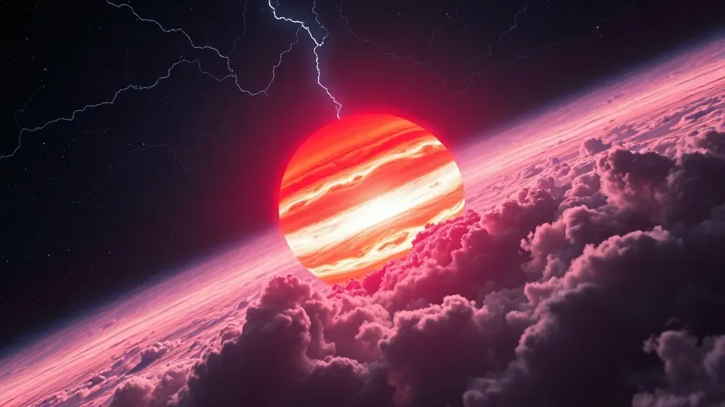 Imagen artística de la Gran Mancha Roja de Júpiter, mostrando remolinos de nubes gaseosas de colores intensos en el espacio profundo.