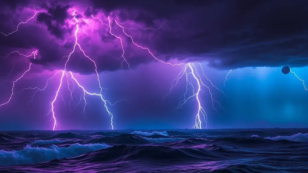 Representación artística de una tormenta perpetua con rayos eléctricos intensos sobre un paisaje oscuro y misterioso.