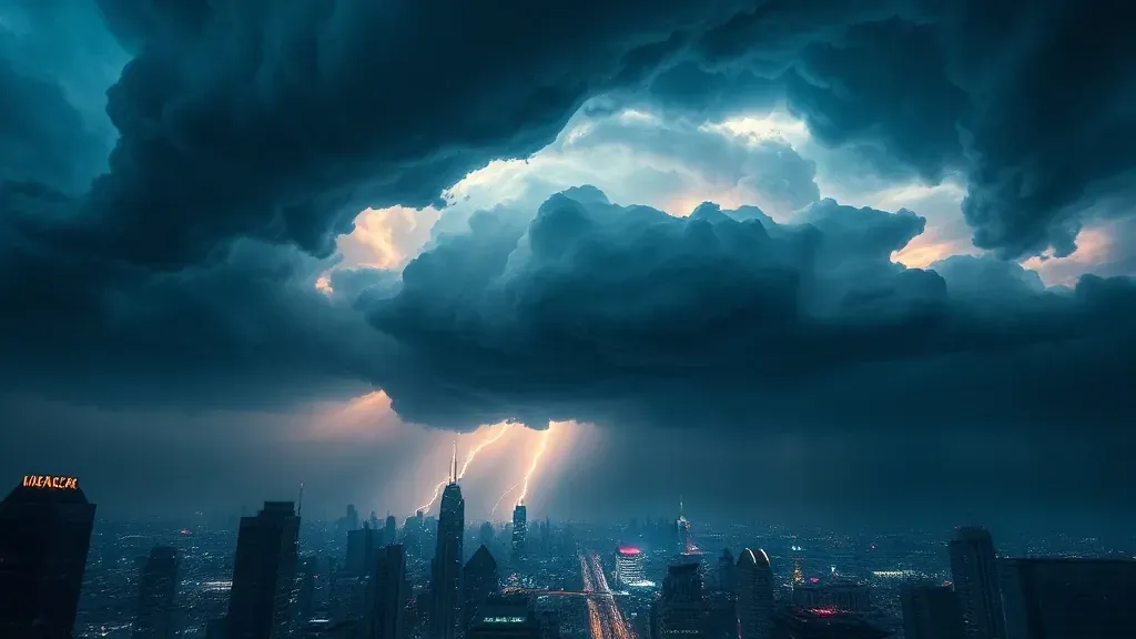 Representación artística de una tormenta atmosférica con ondas de presión visibles y un cielo oscuro sobre una ciudad, reflejando un evento climático extremo.