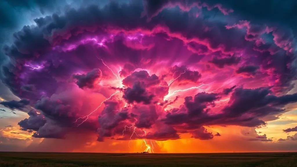 Una supercélula tormentosa masiva con rayos potentes cruzando un cielo oscuro y dramático sobre un campo abierto.