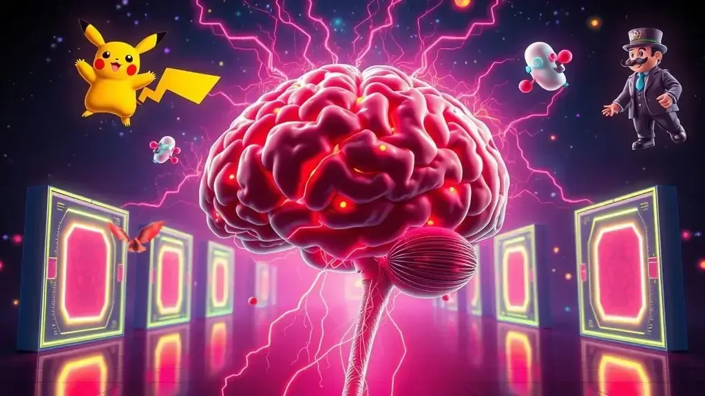featuring a human brain glowing with neon electrical connections, surrounded by floating, slightly distorted pop-culture icon