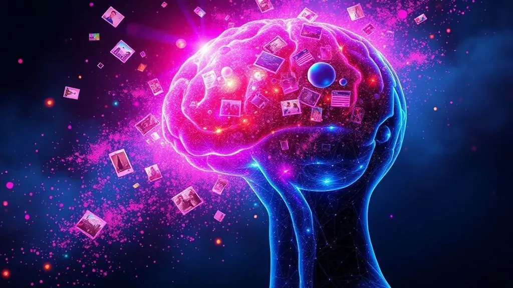 Una ilustración surrealista de un cerebro humano donde los recuerdos se desintegran en partículas digitales, representando la fragilidad de la memoria.