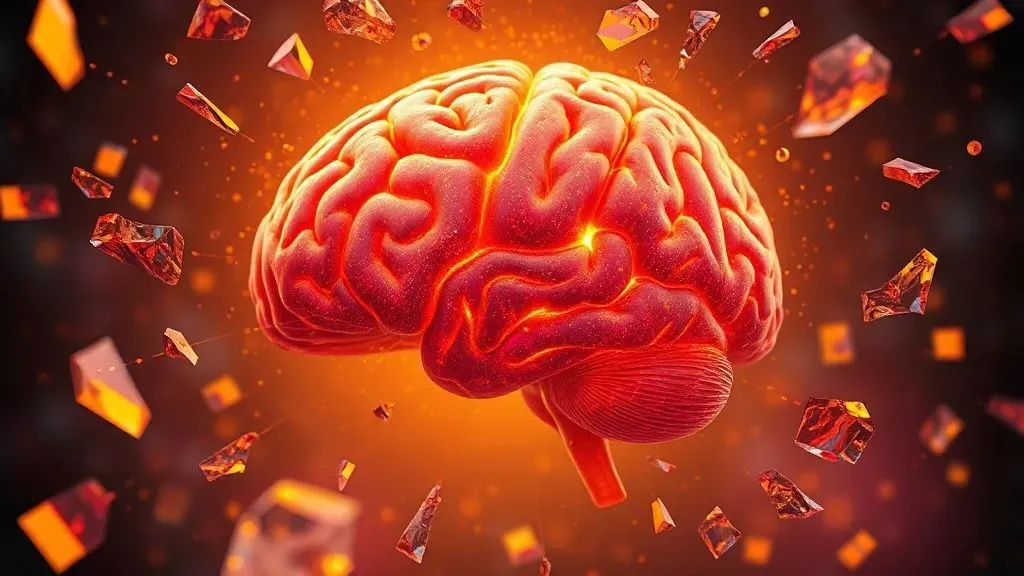 Ilustración artística que representa un cerebro humano emitiendo destellos de luz dorada con fragmentos de recuerdos rotos flotando alrededor, simbolizando la construcción de la memoria.