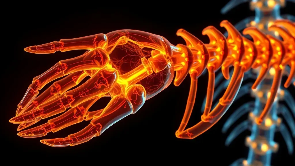 Representación artística en 3D de un esqueleto humano brillando con luces doradas, simbolizando la regeneración celular y la renovación ósea.