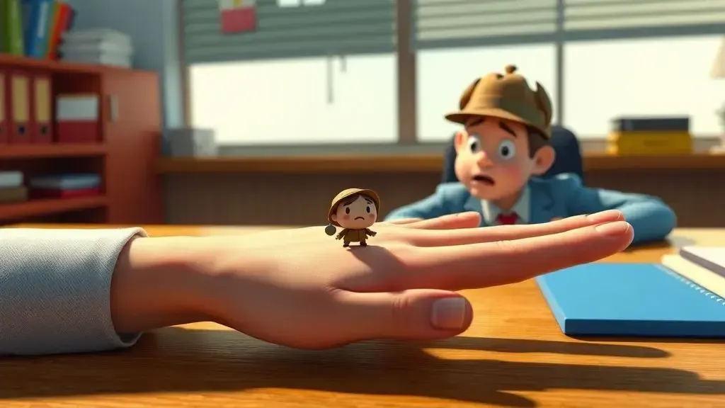 of a human hand on a desk looking 'independent' with a tiny cartoon face drawn on the thumb, wearing a small detective hat, w