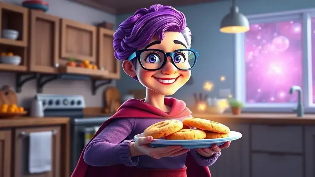 of a cool, modern grandmother with stylish purple hair and trendy glasses, wearing a cape like a superhero while holding a pl