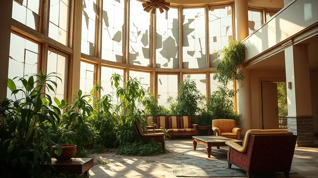 Interior de un hotel abandonado en Varosha con vegetación creciendo entre los escombros y muebles de los años 70, capturado con luz natural.