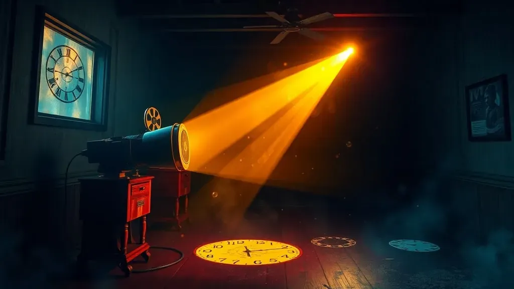 Proyector de cine antiguo proyectando una luz donde se ven sombras de símbolos ocultos como relojes y ojos en las partículas de polvo.