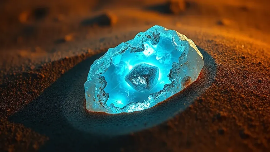Imagen de una fulgurita real, un tubo de vidrio natural creado por un rayo, semienterrada en la arena del desierto con iluminación dramática.